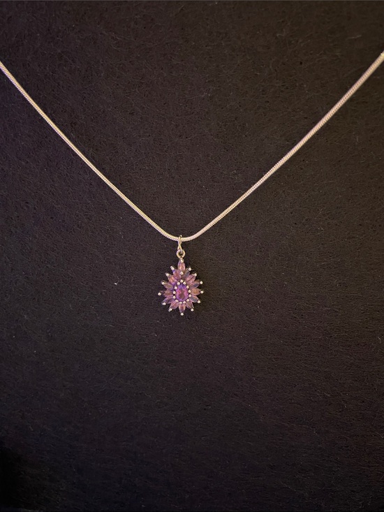 Source Unknown Jewelry - 17” Sterling Silver Necklace with tear drop Amethyst pendant.